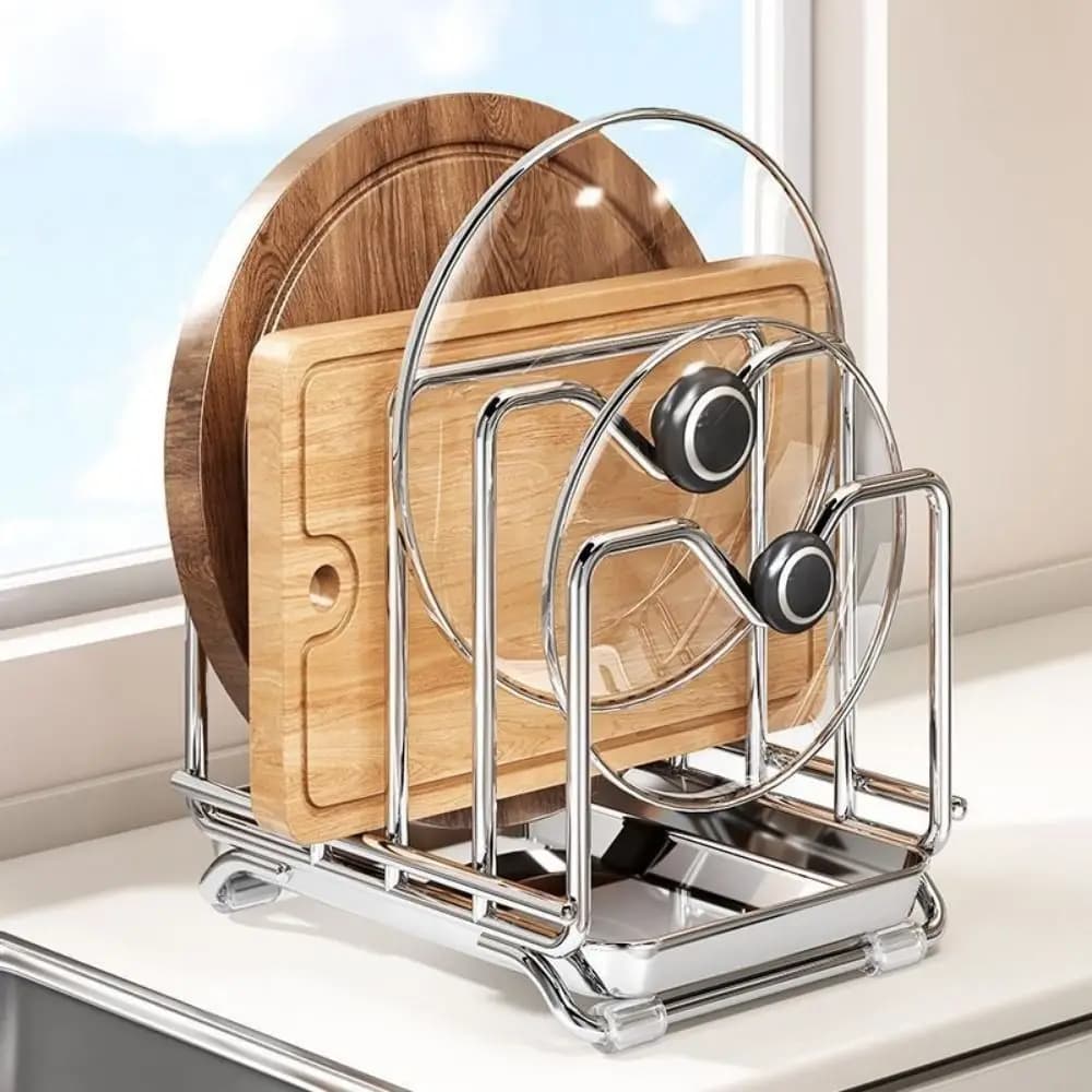 Stainless Steel Multi-layer Pot Lid Rack Anti-slip Stable Cutting Board Holder with Drainage Tray Space Saving Pot Cover Shelf