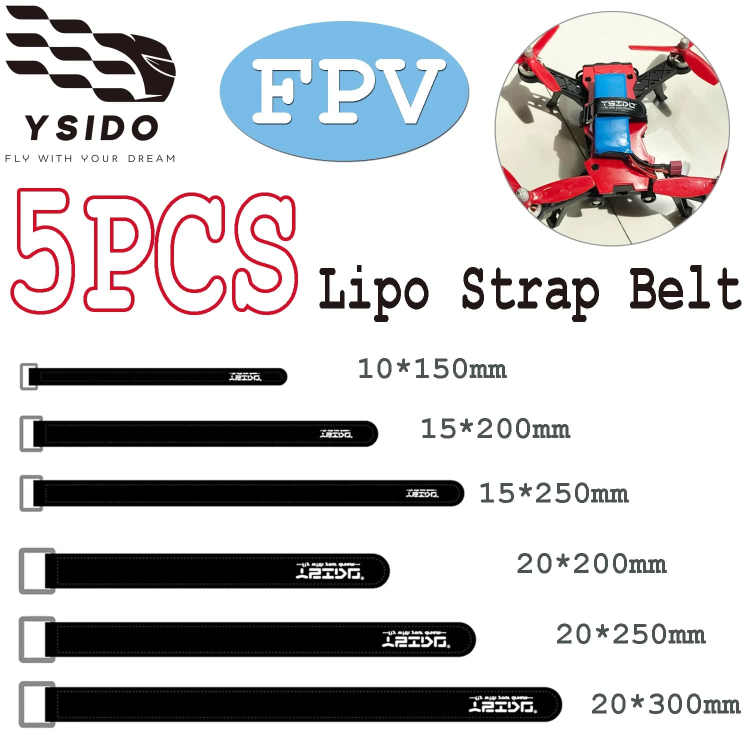 5 pz 10X150mm 15X200mm 20x250mm 20x300mm Nastro Adesivo Magico Nylon Lipo Cinghia Cintura Riutilizzabile Fascetta per FPV RC Batteria