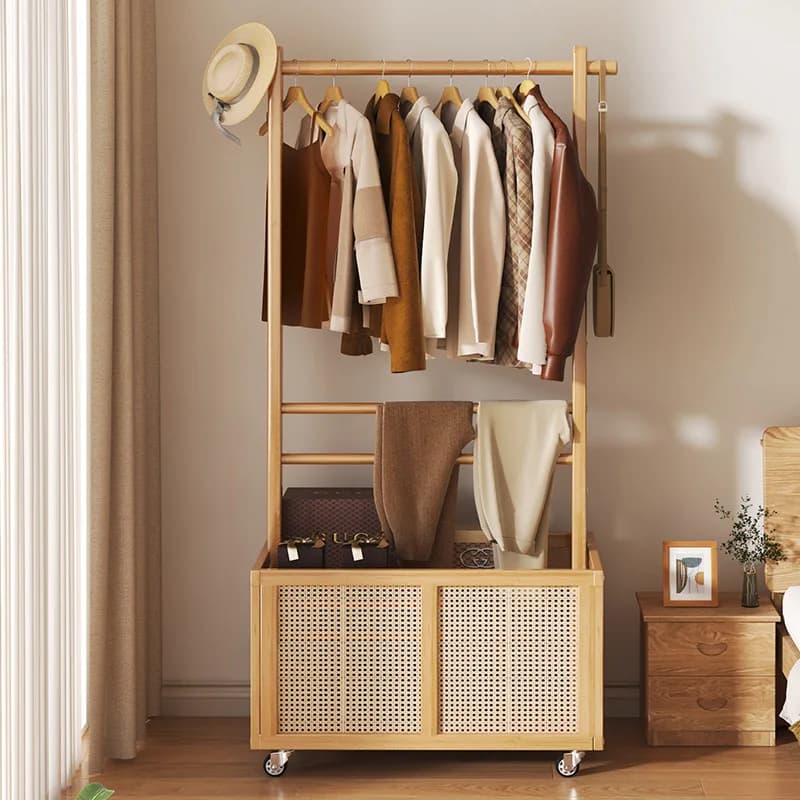 Multifunctional floor to ceiling coat racks for bedroom, with integrated mobile door basket and storage shelves.