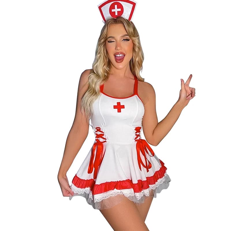 Porno Cameriera Infermiera Set Sling Lingerie Sexy Suora Uniforme Camicia da notte Tentazione Hot Cosplay Abito ultracorto Anime Set Costumi erotici