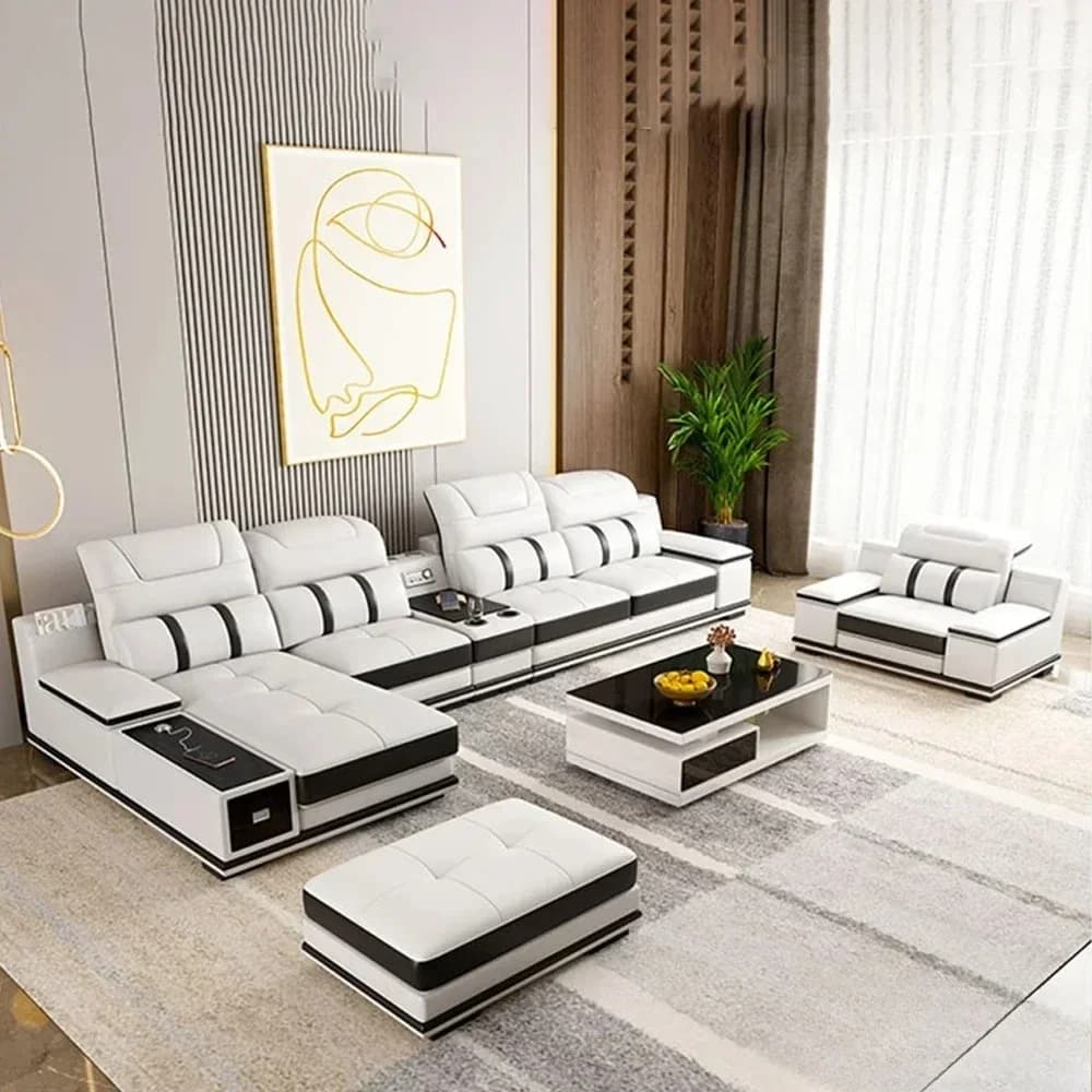 Divano Moderno in Vera Pelle per Soggiorno di MINGDIBAO - Elegante Divano Italiano con Altoparlante Bluetooth, USB e Poggiatesta Regolabili