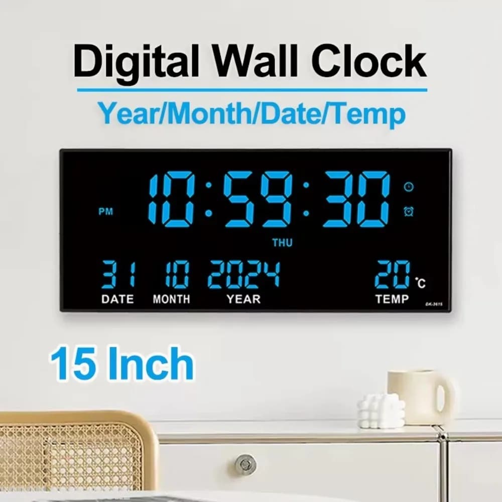 Digital Large Wall Clock Alarm Temperature Date Calendar Display 8 Sets of Alarm Clocks 14'' Electronic LED Clock Plug in Use