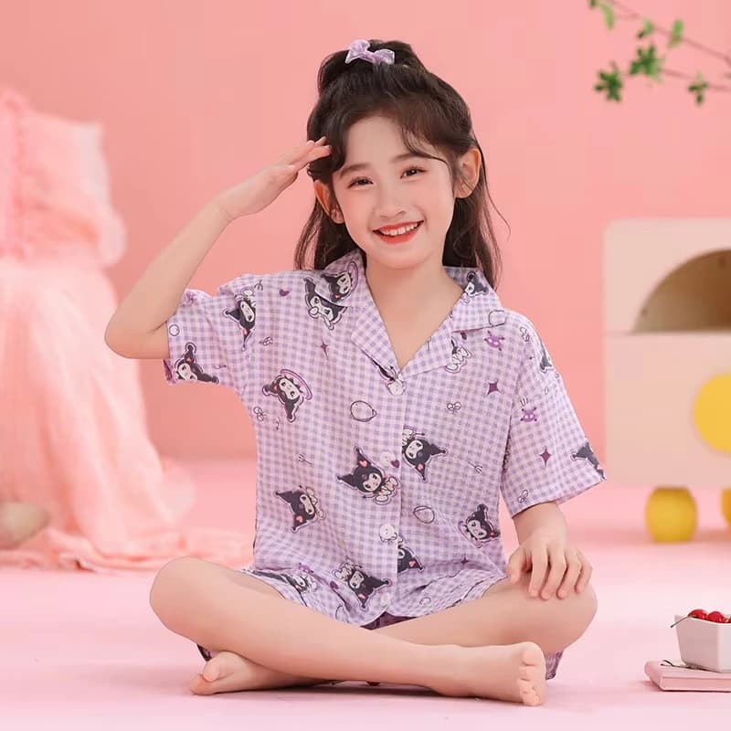 Sanrio Kuromi Hello Kitty Set pigiama per bambini Cinnamoroll Anime Kawaii Cardigan per bambini a maniche corte 2 pezzi Homewear per ragazze e ragazzi