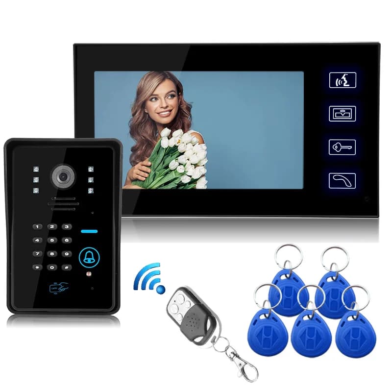 SYSD 7 inch Monitor Video Door Phone Intercom Doorbell Touch Button with RFID Card/Password/Remote Unlock Rainproof Camera