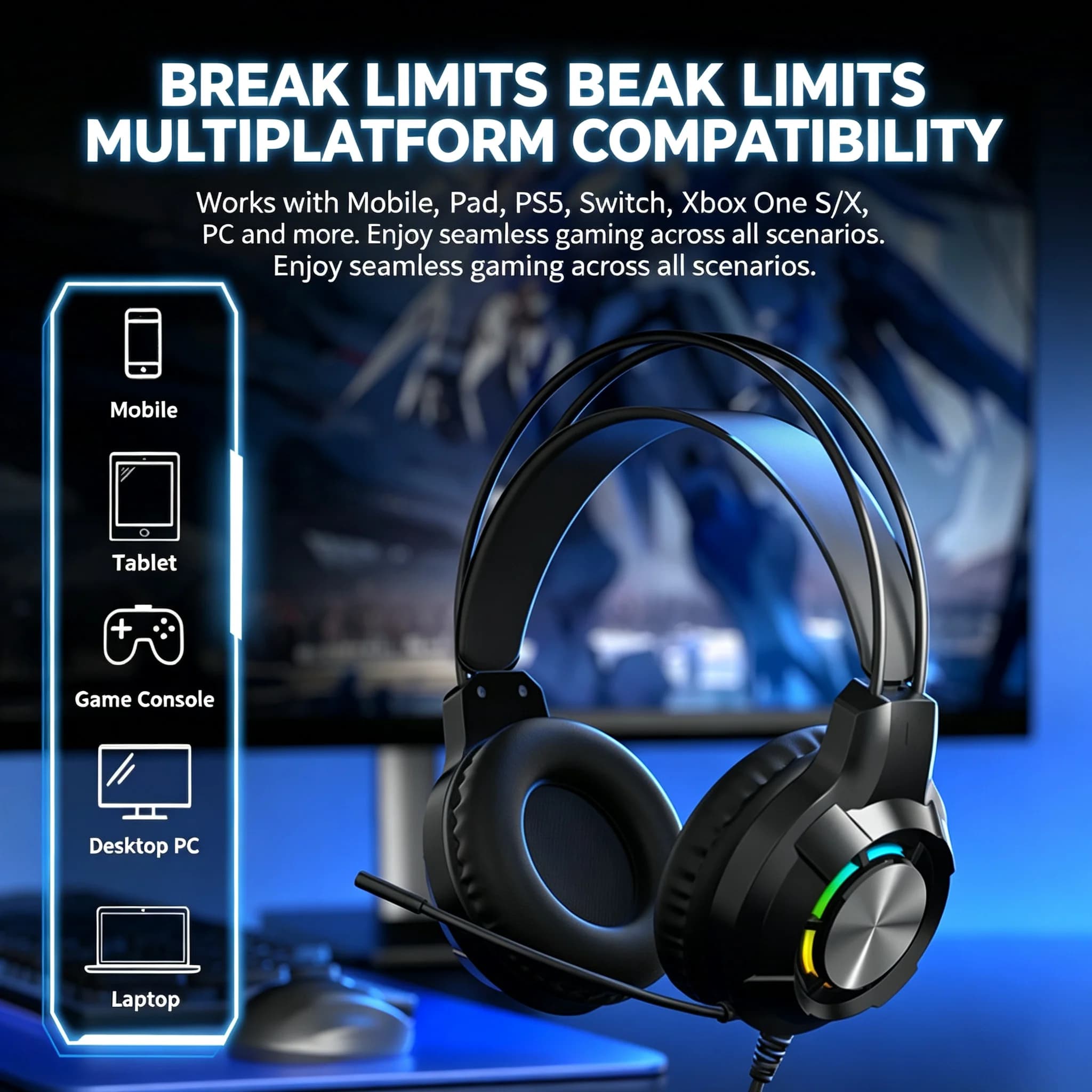 Gaming Headset ENC Noise Cancelling Mic USB Over-Ear Headphone with 7.1 Hi-Res Surrounding Sound for PC PS4 Gaming PS5 Xbox One
