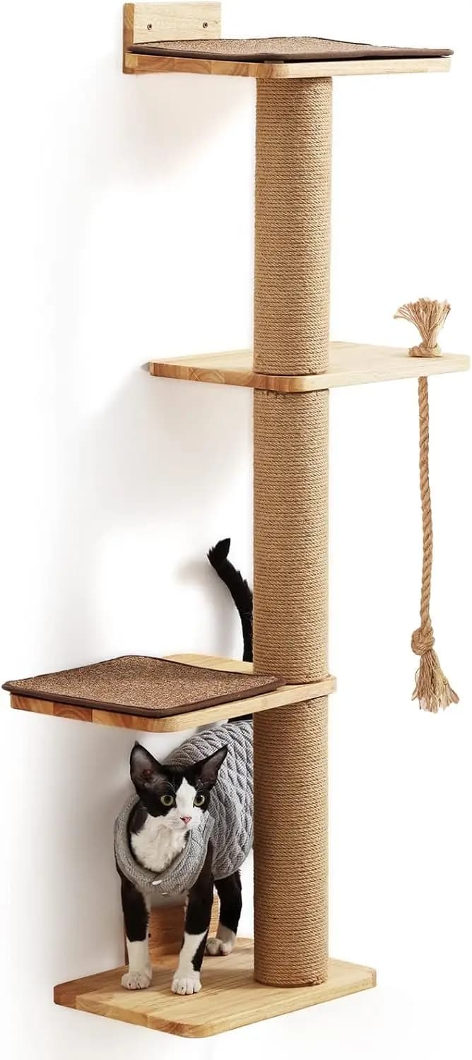 Albero Tiragraffi per Gatti da 50 Pollici Montabile a Parete con Cuccia per Gattini, Pali Tiragraffi in Legno di Gomma