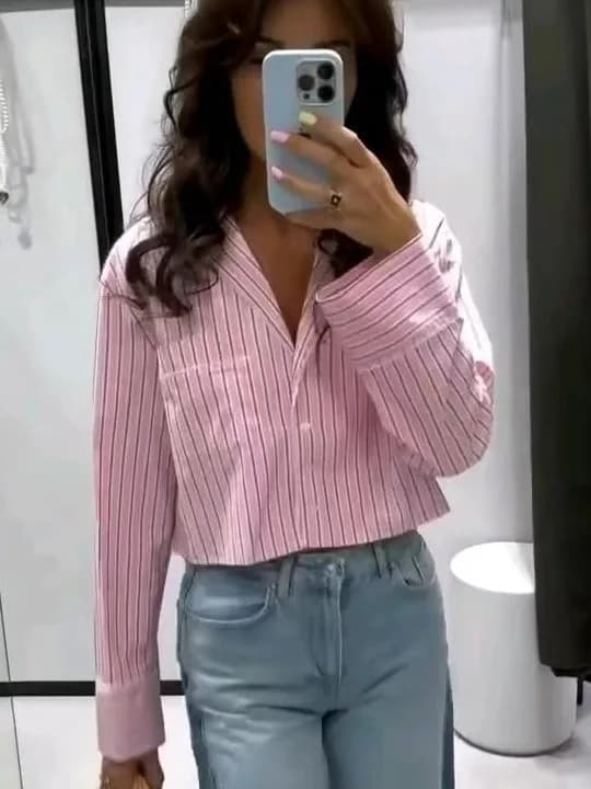Spring WMXZ Loose Fit V-Neck Lace Trim Striped Shirt Women's Fashion Versatile Casual Breathable Long Sleeve Button up Top