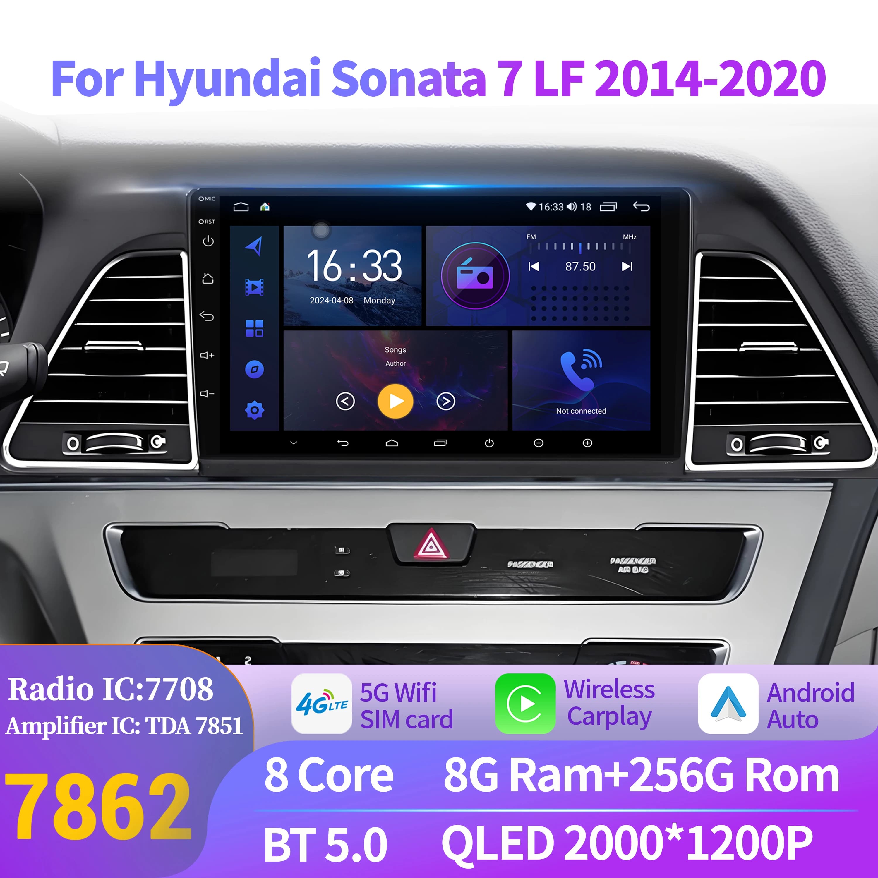 For Hyundai Sonata 7 LF 2014-2020 Car Radio Multimedia Android 14 Wireless BT CarPlay Navigation 7862 8+256 radio 2K QLED Screen