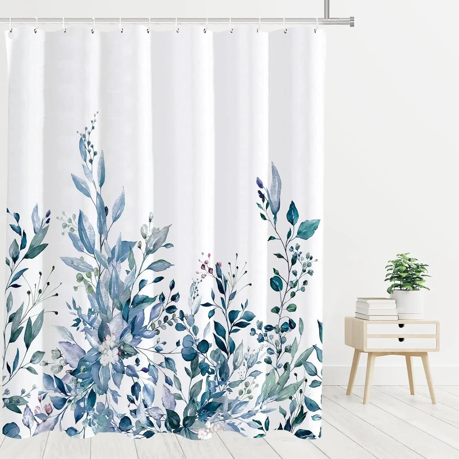 Tenda da doccia con eucalipto blu acquerello – Foglie morbide e design floreale, elegante decorazione per il bagno, 12 ganci, 71x71 pollici