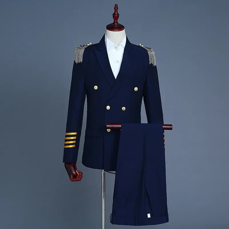 S-4XL Capitano Ufficiale Marinaio Peacoat Costume Giacca da uomo Giacca militare con frange Marching Band Giacca uniforme per cappotto + pantaloni per adulti
