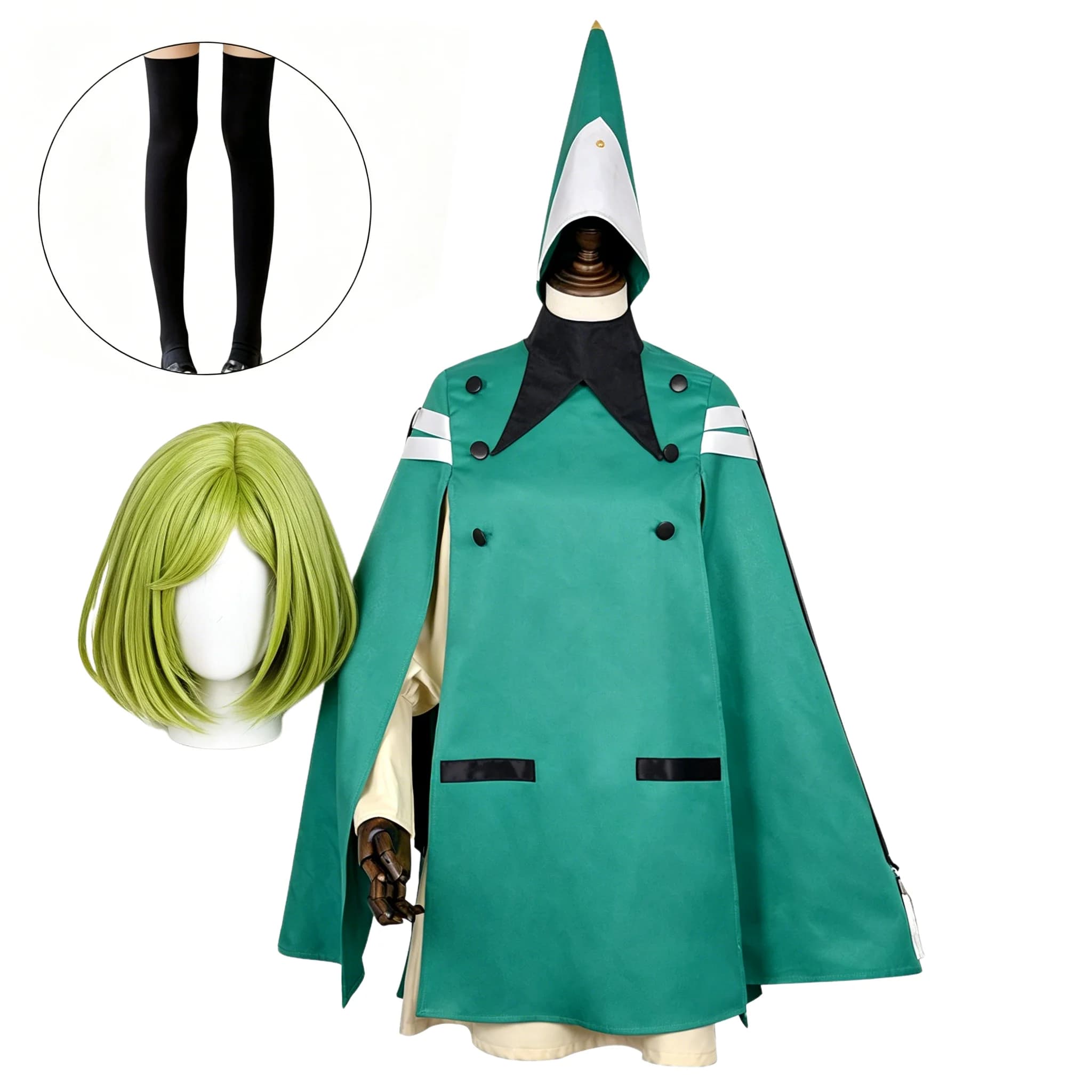 Costume da Cosplay Atelier Coco con Mantello Verde, Vestito, Cappello a Punta, Calze, Parrucche per Convenzioni Anime, Outfit per Feste di Halloween per Donne