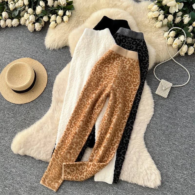 Women Fuzzy Knit Leggings High Waist Soft Mink Fleece Leopard Print Warm Slim Casual Home Pants 3 Colors Autumn Winter Stretch T