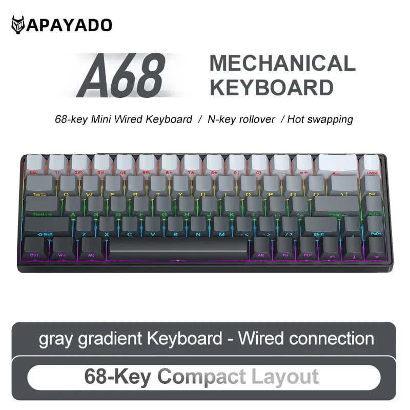 A68 Wired Mechanical Keyboard RGB Backlight,Fully Hot-Swappable Keys,ABS Keycaps,68-Key Keyboard for Gaming/Office Use