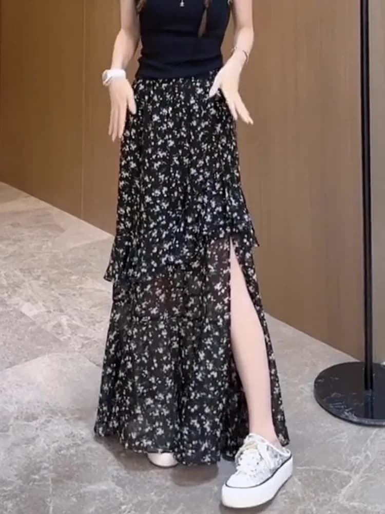 Black Floral Halter Neck Dress Women's Spring Summer New Style Asymmetrical Slit High Waist A-Line Skirt Korean Style