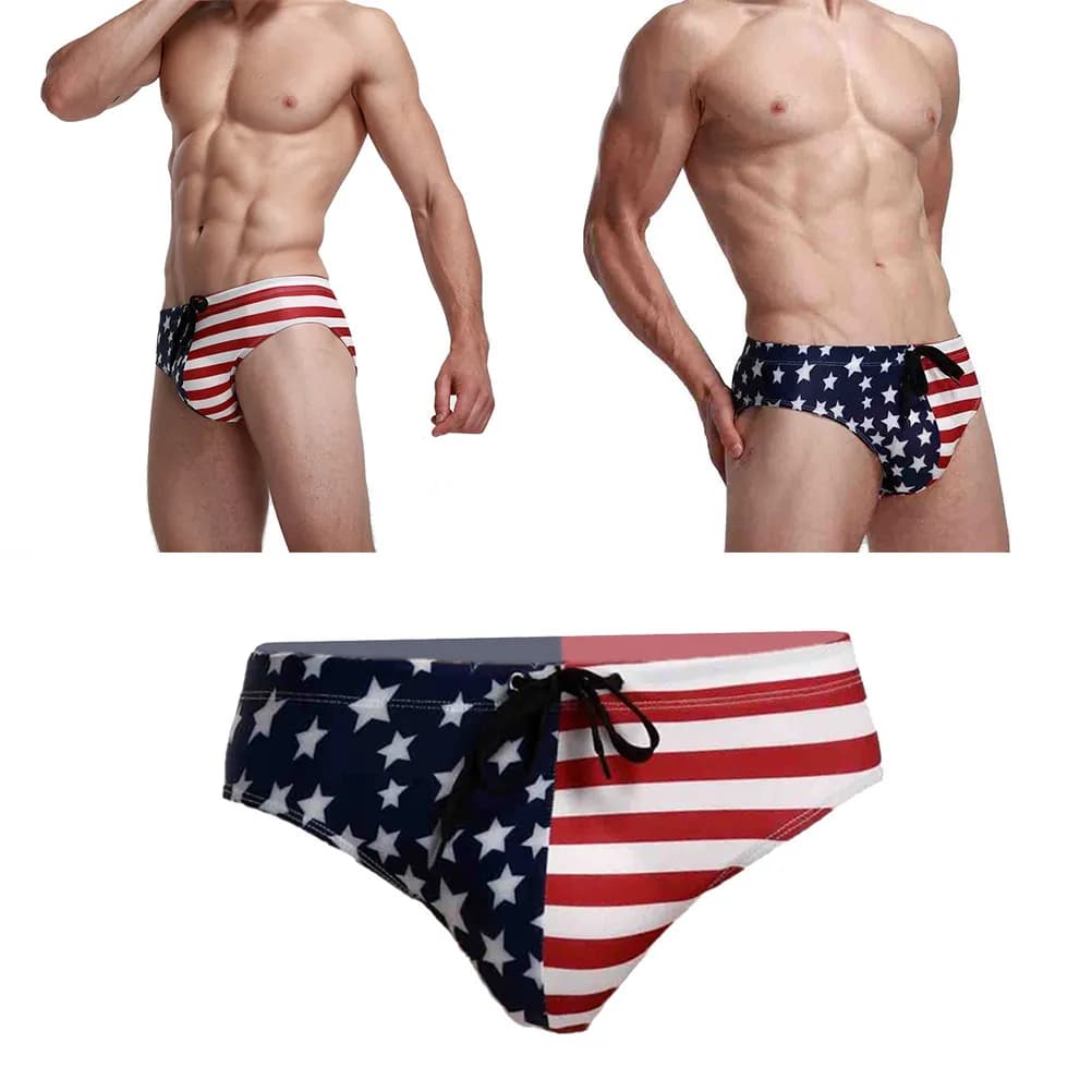 Slip da bagno da uomo con stampa bandiera USA, slip a triangolo per nuoto, surf, beach volley, traspirante e confortevole