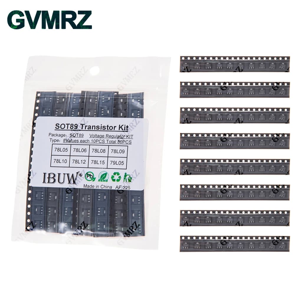 SOT89 80-piece transistor kit 8 values (78L05/78L06/78L12 etc.) Voltage regulator for electronic power supply project Arduino DIY