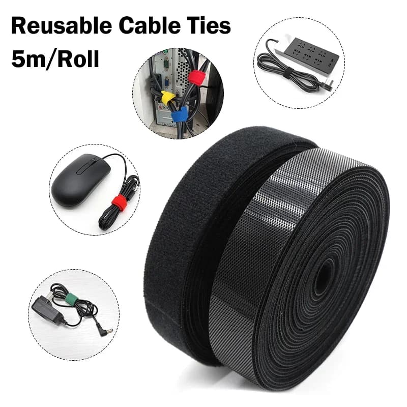 2 Pezzi 5M/Rotolo Nero 10-20mm Organizzatore Cavi USB, Fascette in Nylon a Strappo per Gestione Cavi, Gancio per Mouse e Auricolari