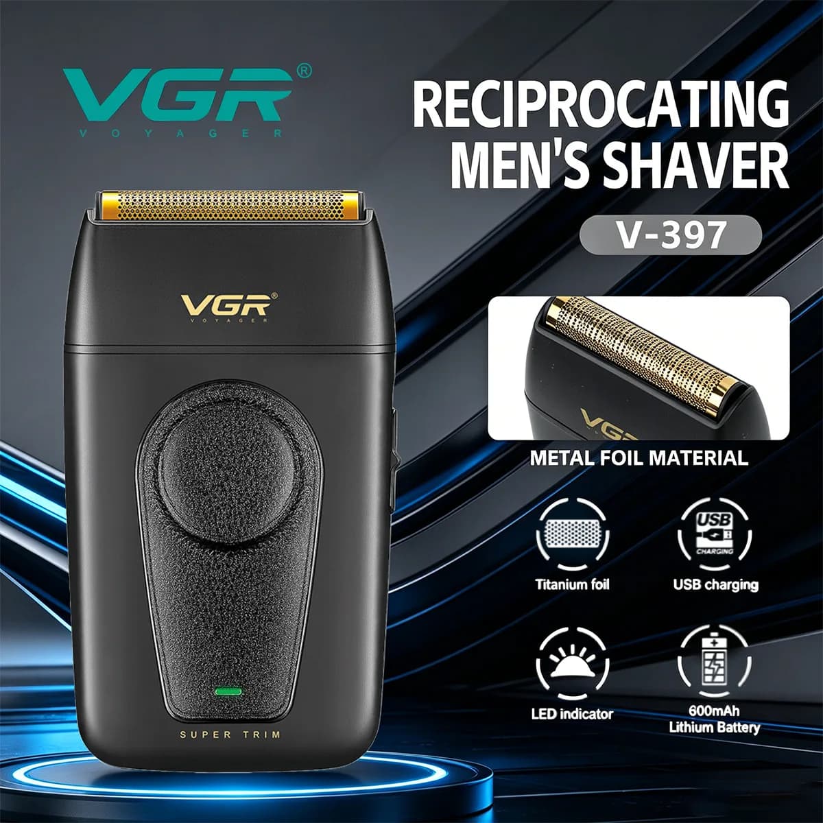 VGR Shaver Professional Electric Razor Titanium Foil Shaving Machine 8000 RPM LED Display Beard Trimmer Shaver for Men V-397