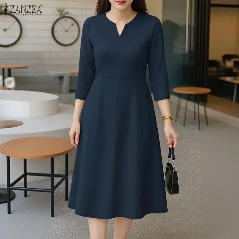 Abito Primavera Estate 2026 ZANZEA da Donna, Elegante con Scollo a V e Vita Stretta, Vestito da Lavoro a Maniche 3/4, Abito da Sole Tinta Unita a Trapezio per Vacanze