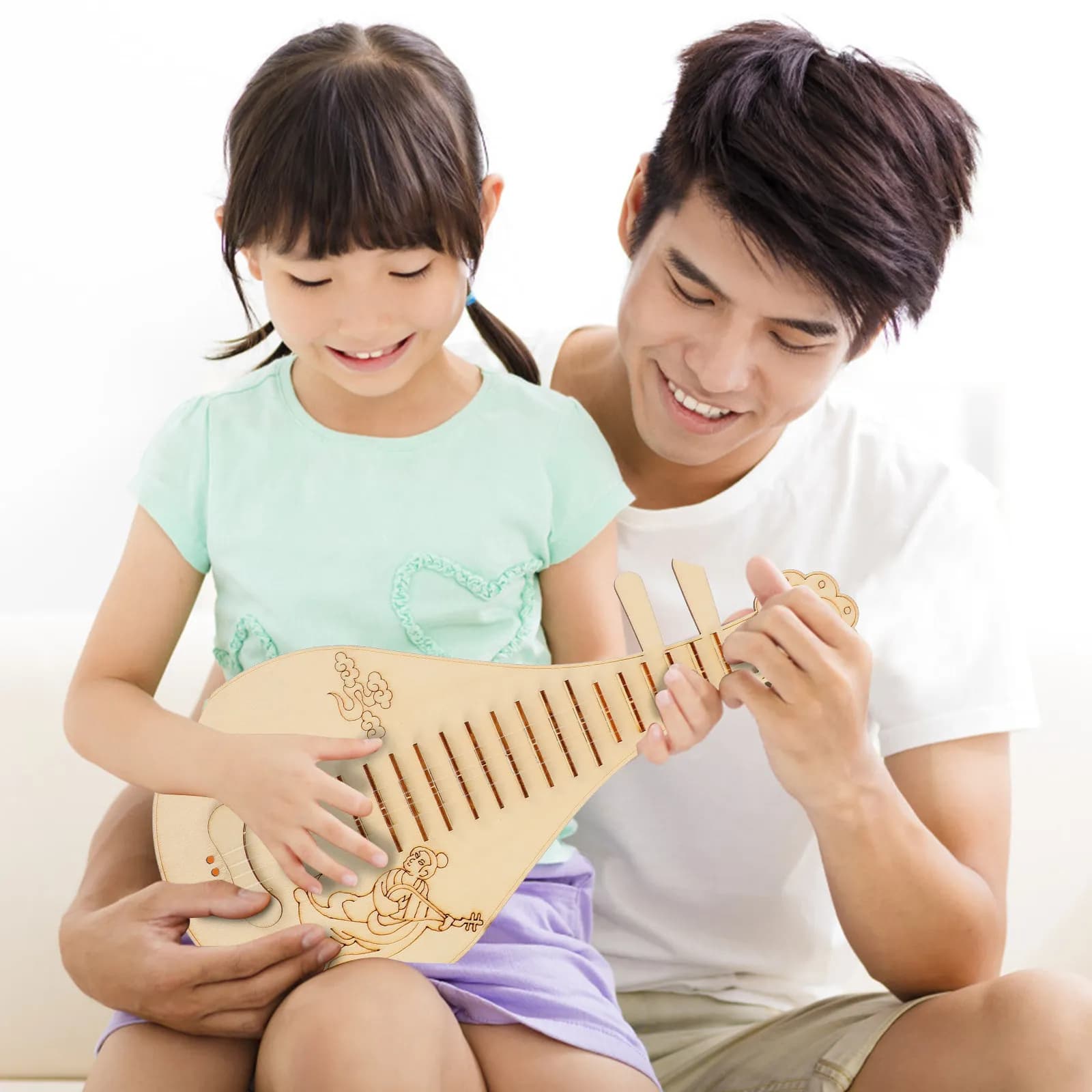 3Pcs Wooden Lute DIY Set Chinese Traditional Pattern Kids Musical Instrument Educational Tool for Hearing Development Birthday