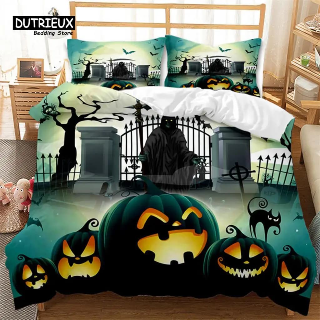 Copripiumino con zucca di cartone animato Set di biancheria da letto con teschio gotico di Halloween Lanterna in poliestere Fantasma Copripiumino King per decorazioni per ragazzi e ragazze