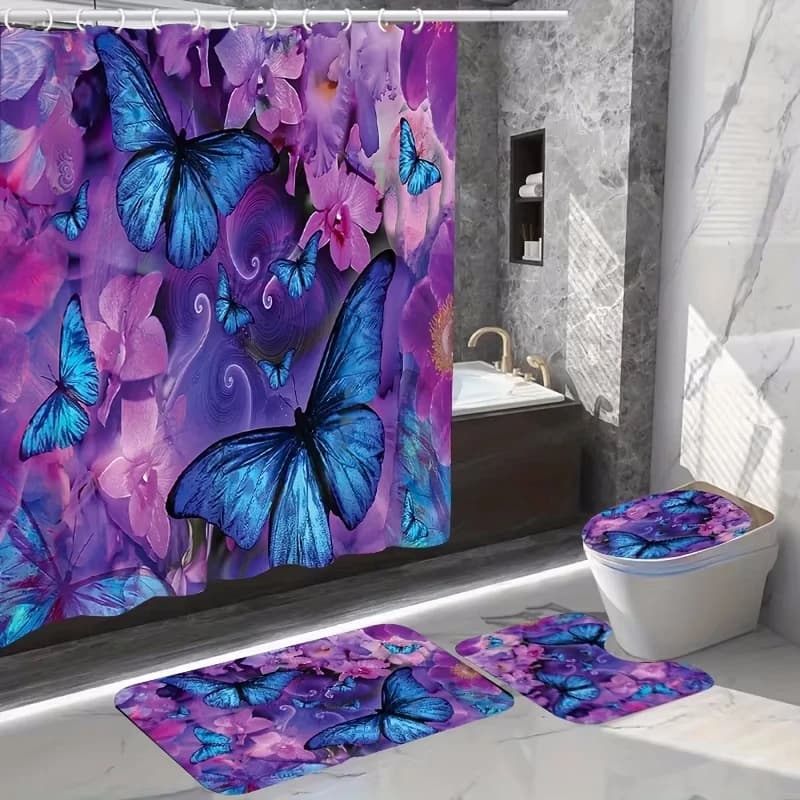 Set di 4 Pezzi Tenda Doccia Decorativa in Tessuto Poliestere con Motivo a Farfalle, Set Tenda Doccia e Tappetini da Bagno con 12 Ganci