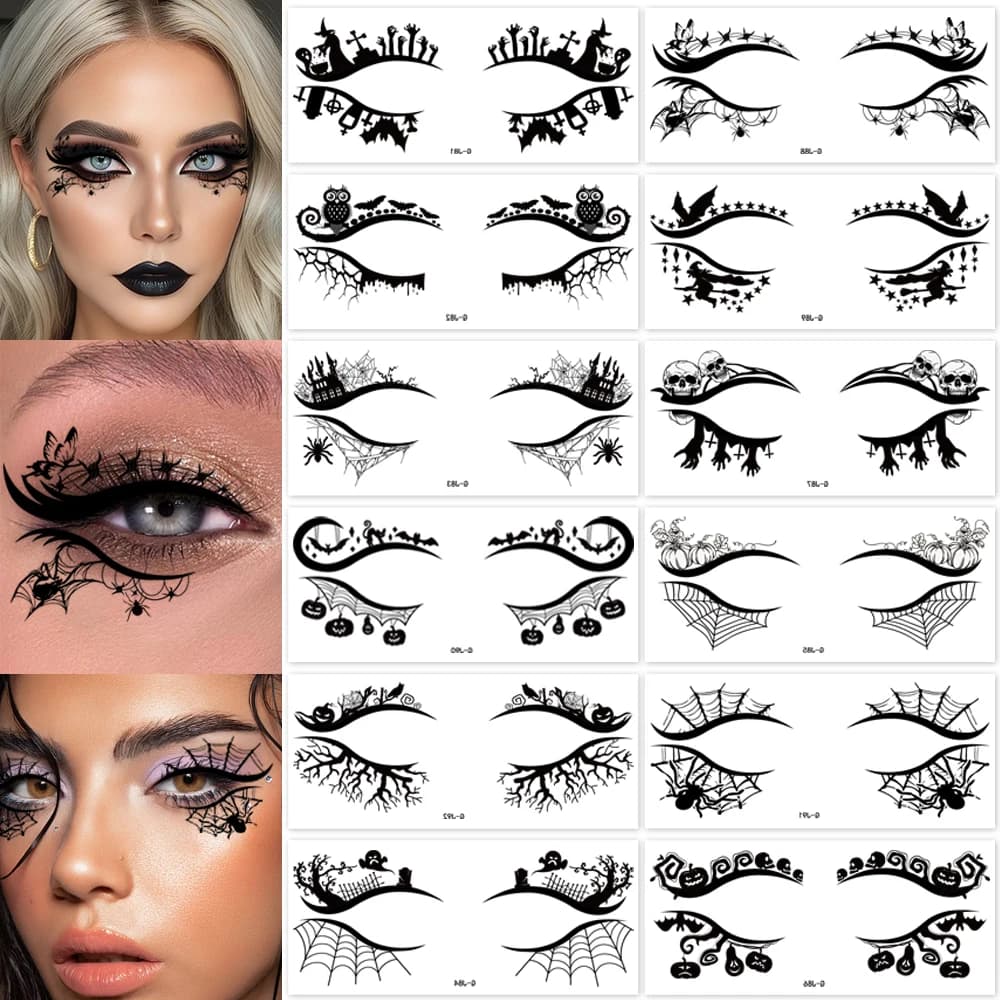 12 Halloween eye makeup stickers, waterproof and removable umbrella replacement kit, Halloween party supplies, pumpkin Spide