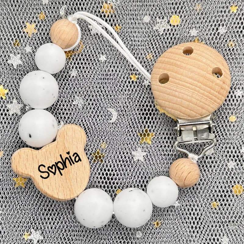 Nome personalizzato per bambini Perline in silicone Anello in legno Clip per ciuccio Testa di topo in silice Catene per dentizione Massaggiagengive Dummys Clip in faggio Supporti
