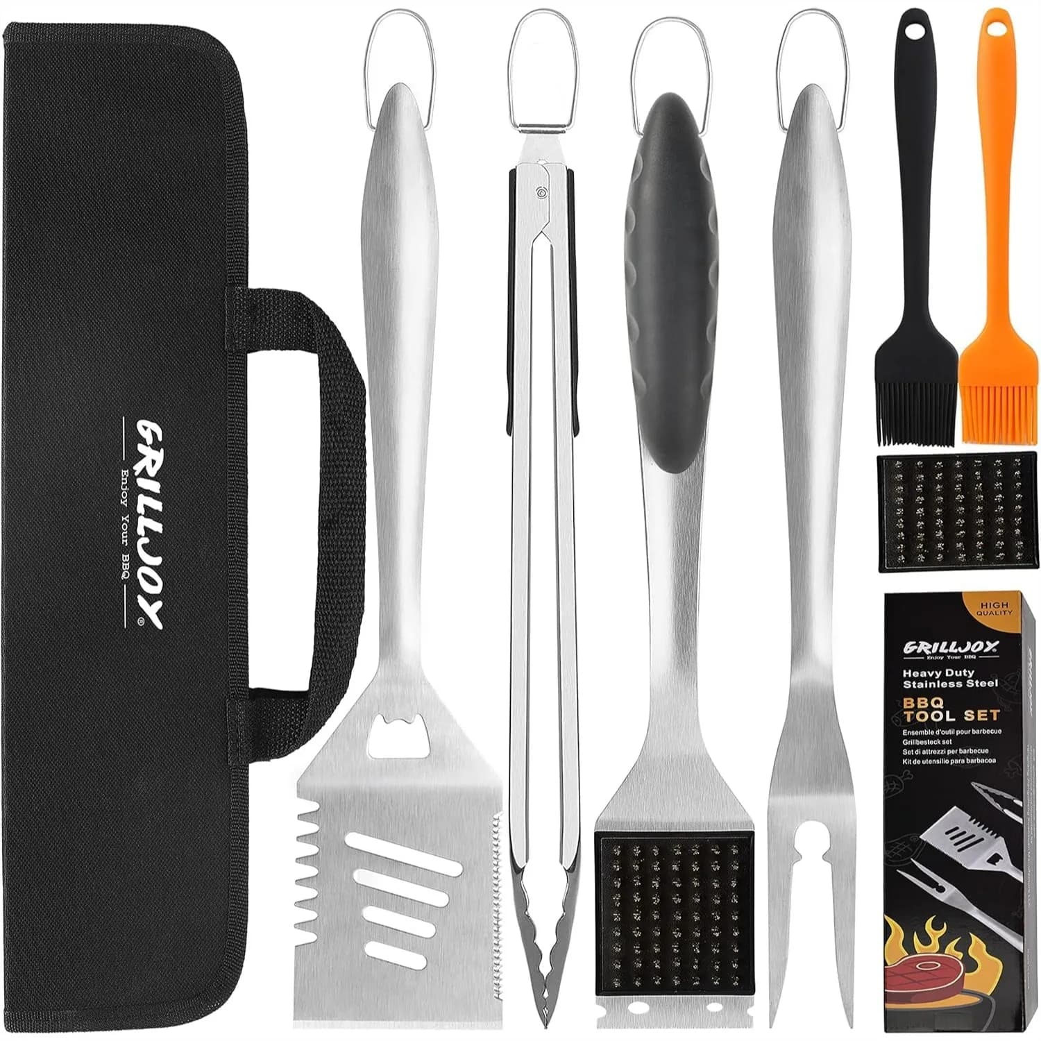 Set di 8 Utensili per Barbecue con Spatola, Forchetta, Pinze e Spazzola per Pulizia in Acciaio Inox Extra Spesso, Accessori Completi per Grigliate