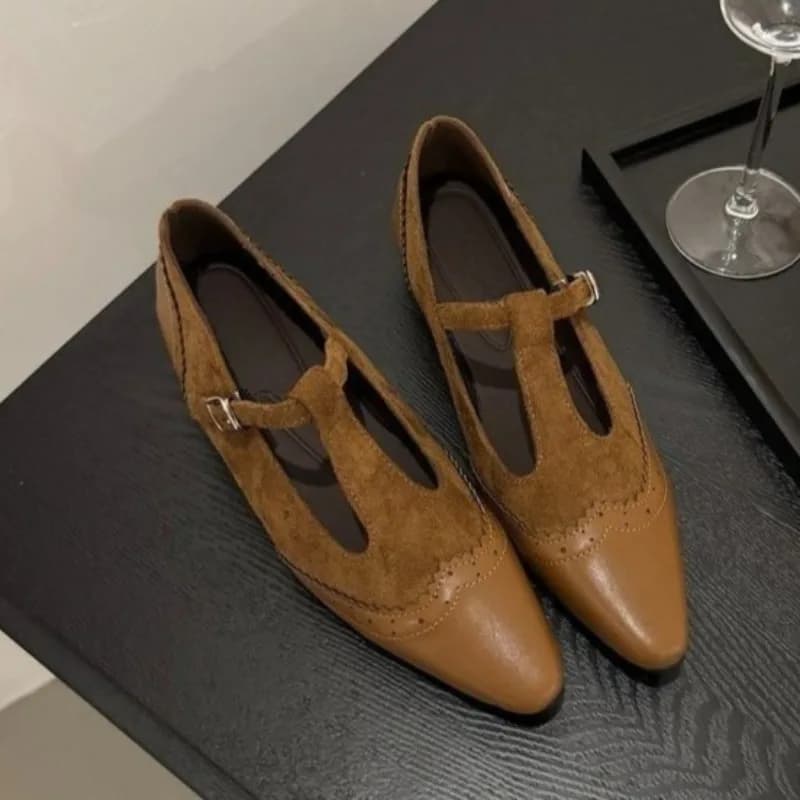 One Buckle Strap Low Heel Single Shoes Autumn New Pointed Toe Shallow Mouth Spliced Suede Soft Sole Non-slip Low Top Shoes