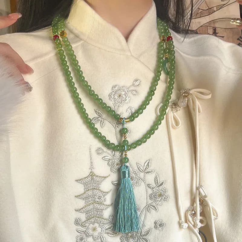 Collana da Preghiera in Pietra Naturale per Donne, Collana Buddista con Cristallo Verde per Meditazione, Lunga con Nappine, Regalo