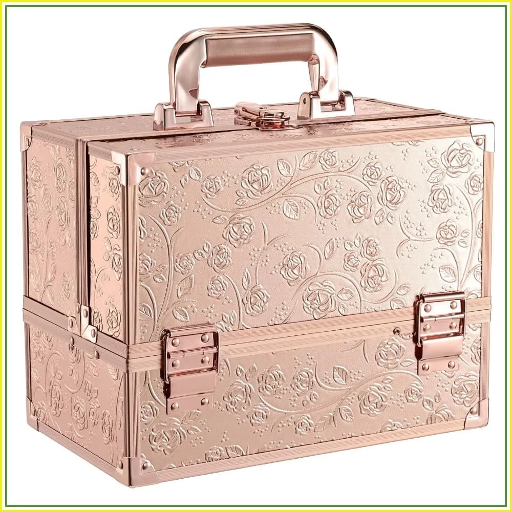 11.8 Inch Large Makeup Case with Mirror, 3 Trays Travel Cosmetic Organizer Box, Portable Storage for Makeup & Nail Kits, Rose Gold Floral