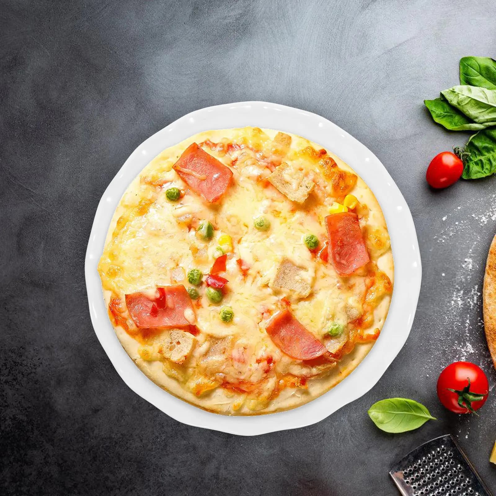 1 Pezzo Teglia per Pizza in Ceramica con Design in Pizzo, Piatto in Porcellana Bianca Premium, Resistente al Calore, Antiaderente, per Uso Domestico