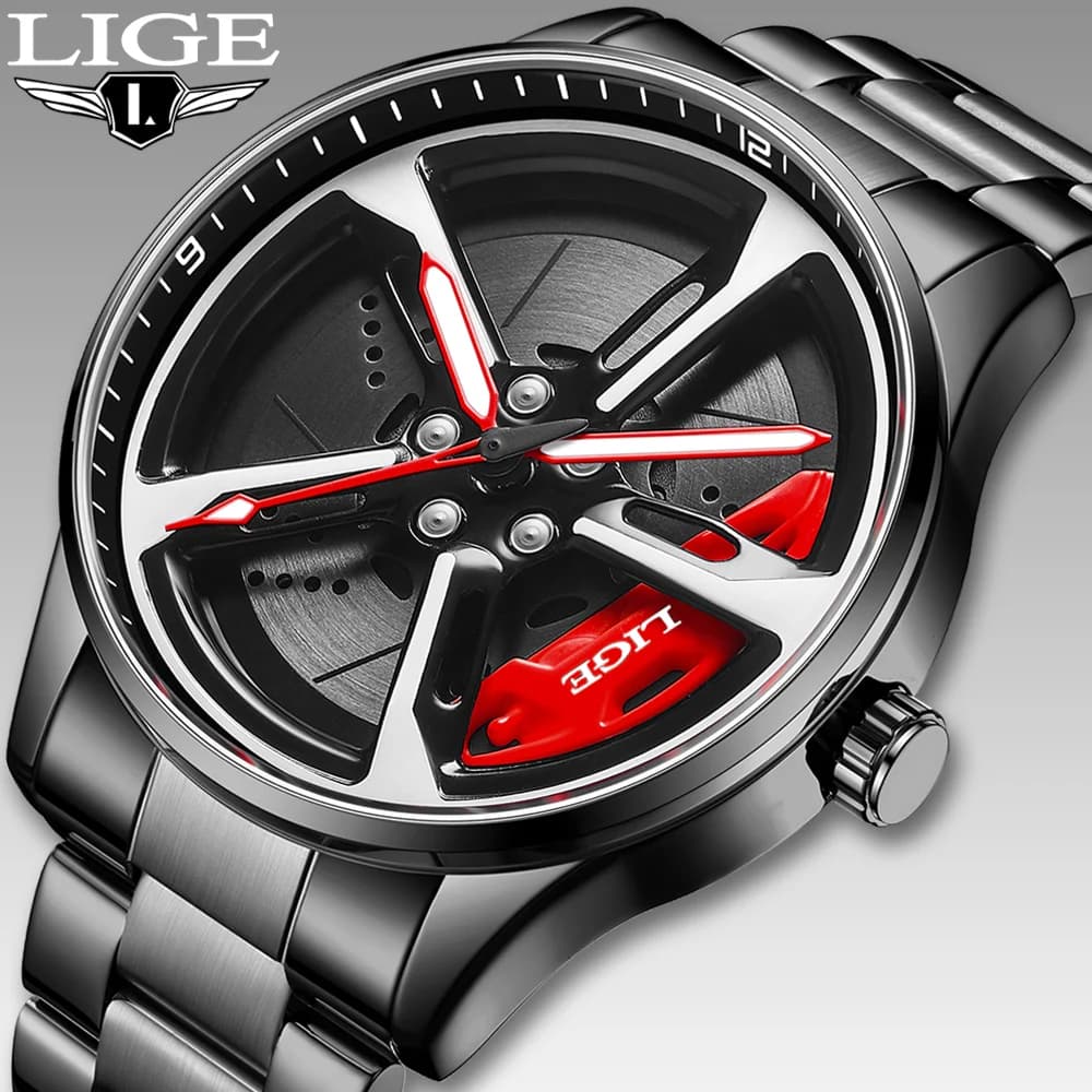 LIGE New Sport 3d Car Wheel Rim Hub Orologio Quadrante rotante alla moda Cinturino in acciaio inossidabile Orologi al quarzo impermeabili reloj hombre
