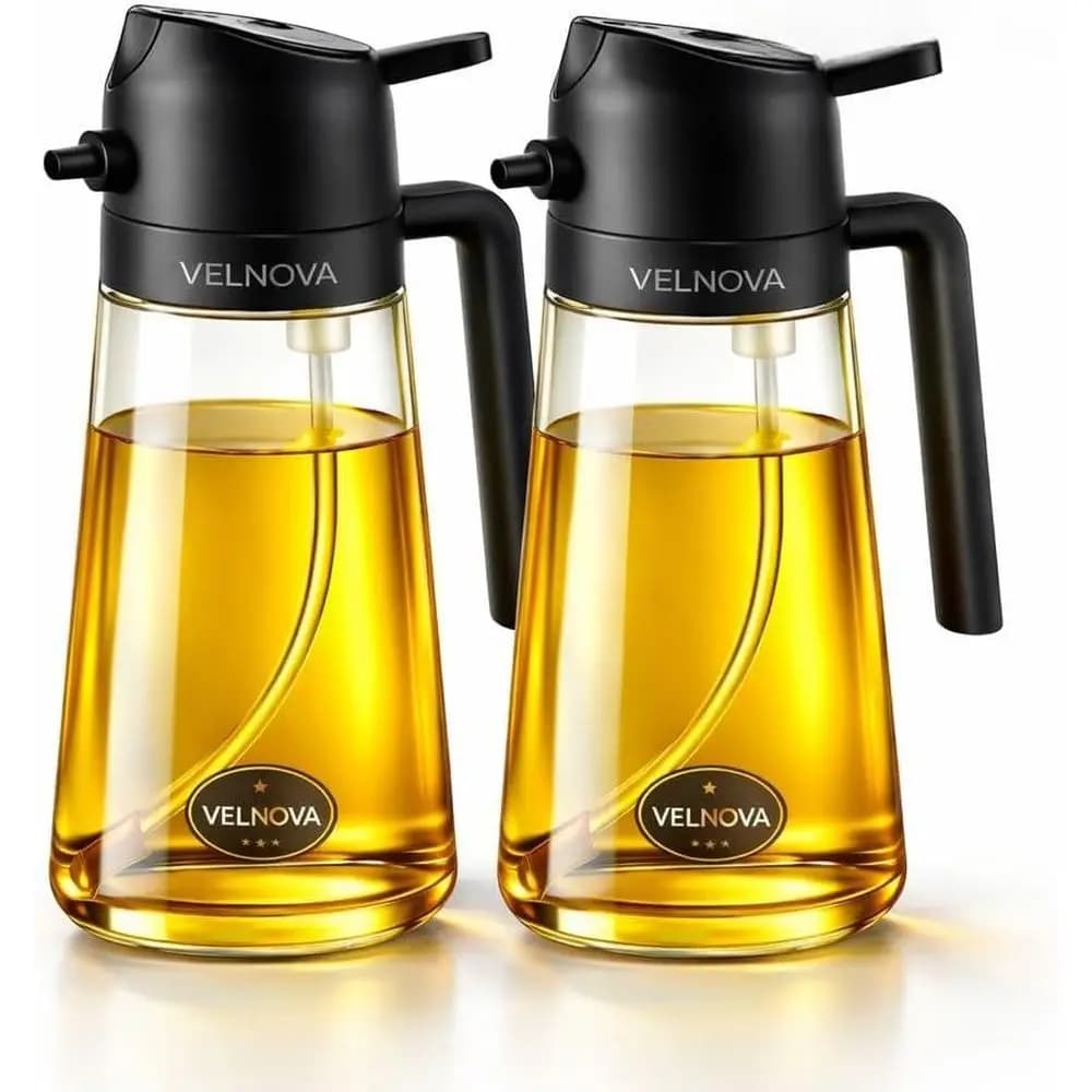 Set di 2 Spruzzatori in Vetro da 16oz per Olio d'Oliva con Etichette, Dispenser 2-in-1 per Cucina e Insalate