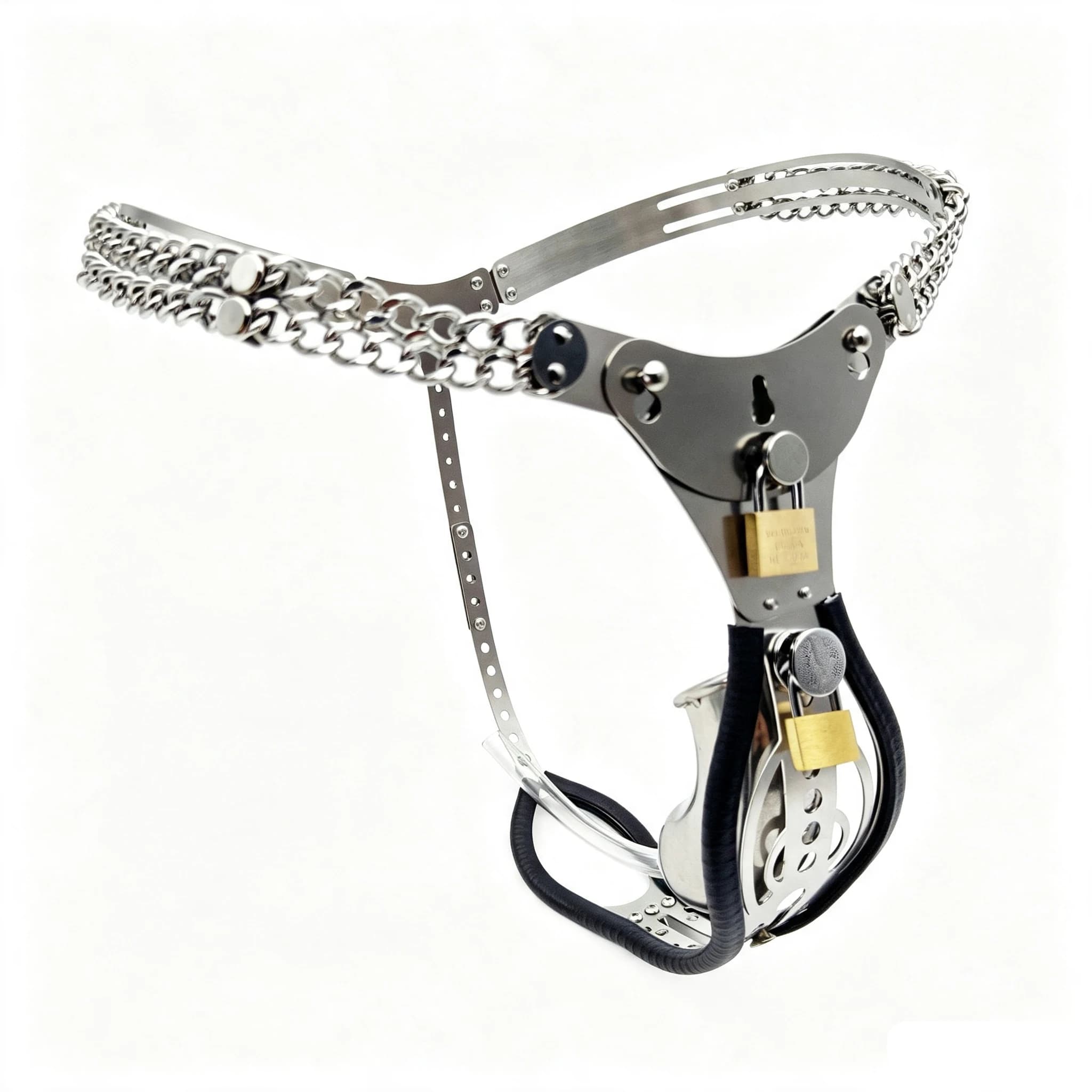 Double Metal Chain Waist Strap Male Chastity Belt Stainless Steel Penis Cage Brass Locks Ergonomic Guarded Adult Restraint Devic