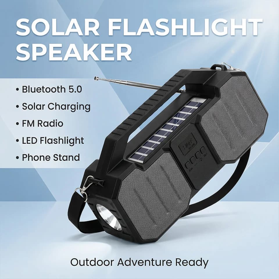 New Bluetooth Speaker 2026 with Solar Panel, Rechargeable Flashlight, Radio and antenna - Portable with Solar Glass Panel for Exterior and Home Use