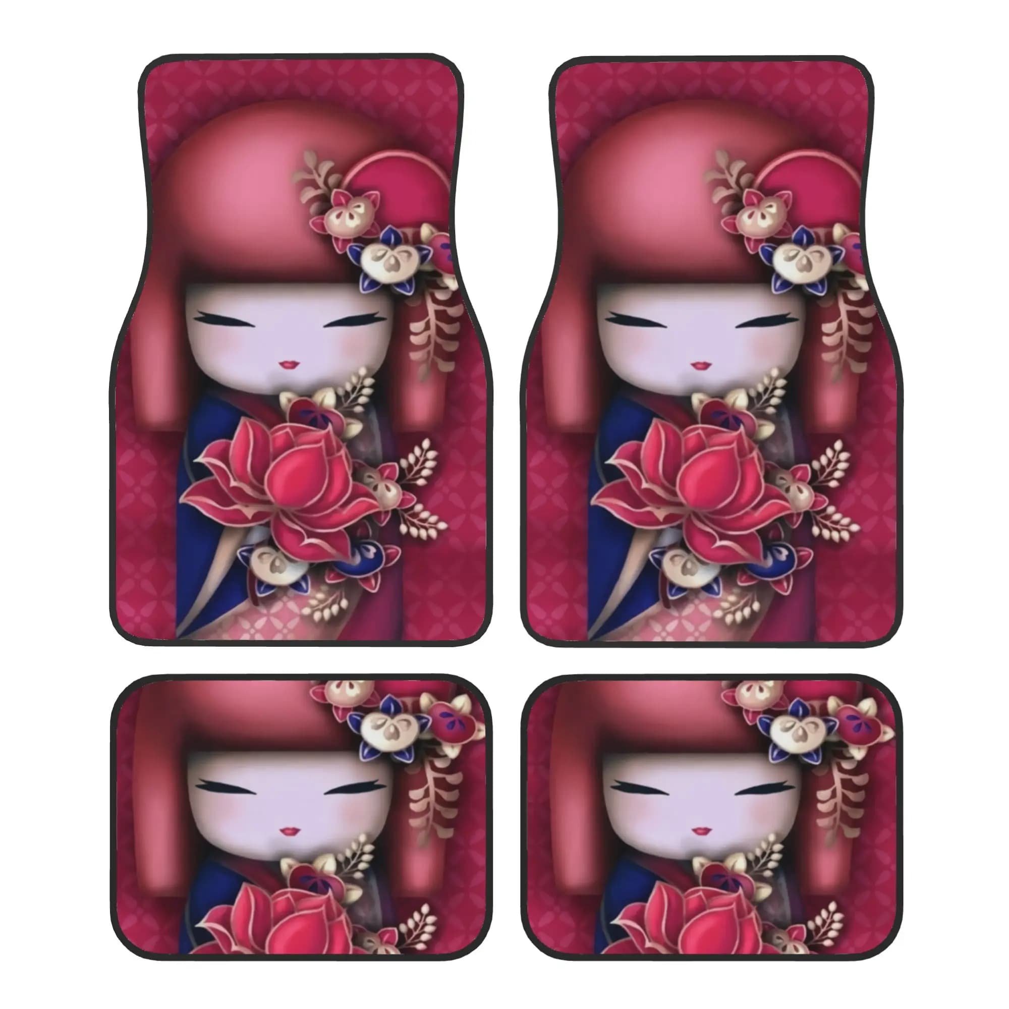 Car Floor Mats 4 Pcs Crystal Velvet Japanese Girl Sakura Kokeshi Doll Universal Front Rear Foot Mats Carpets Rugs Pieces Auto