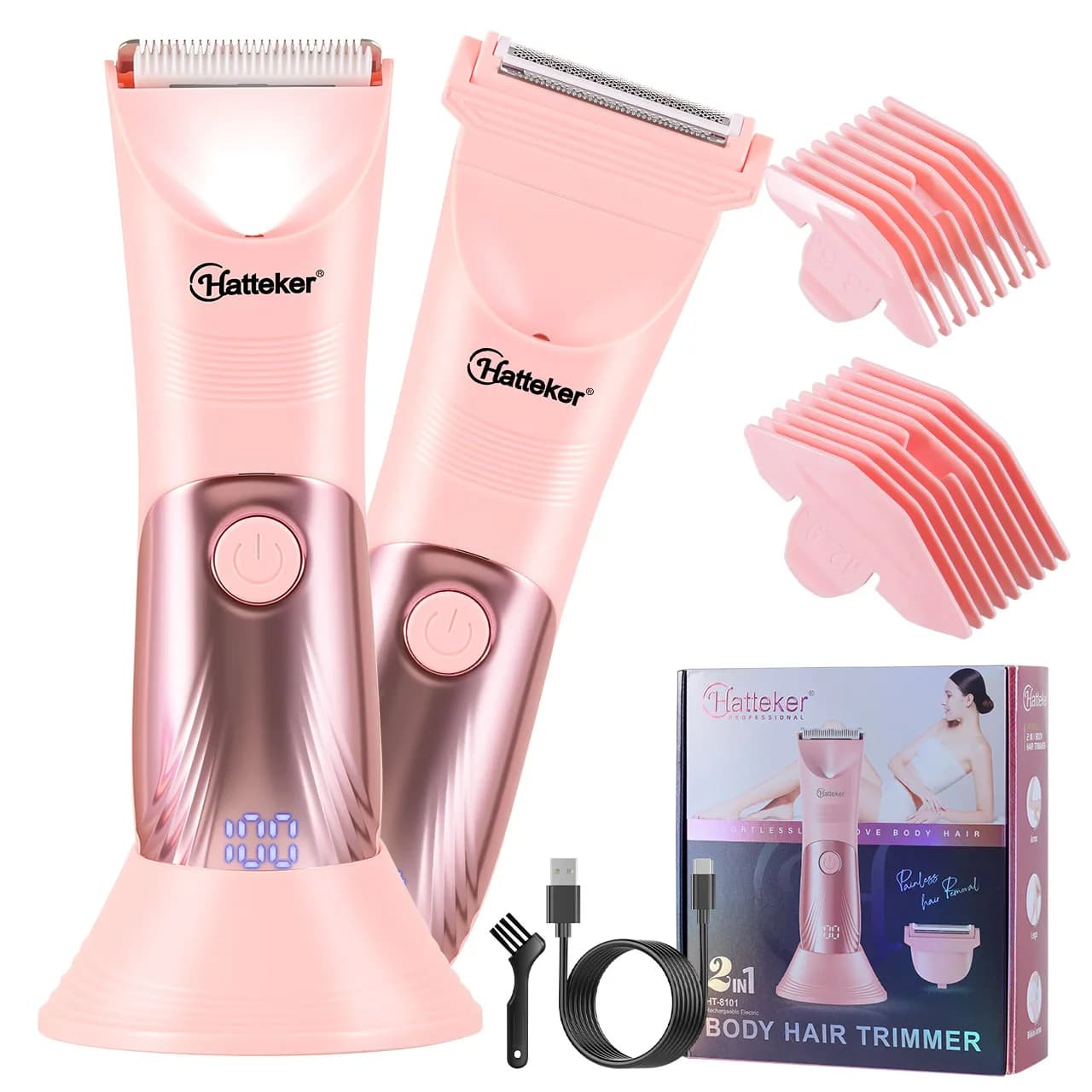 HATTEKER 2-in-1 Women Multi-Function Electric Hair Remover Home Use Waxing Tool Washable Full Body Intimate Trimmer Razor