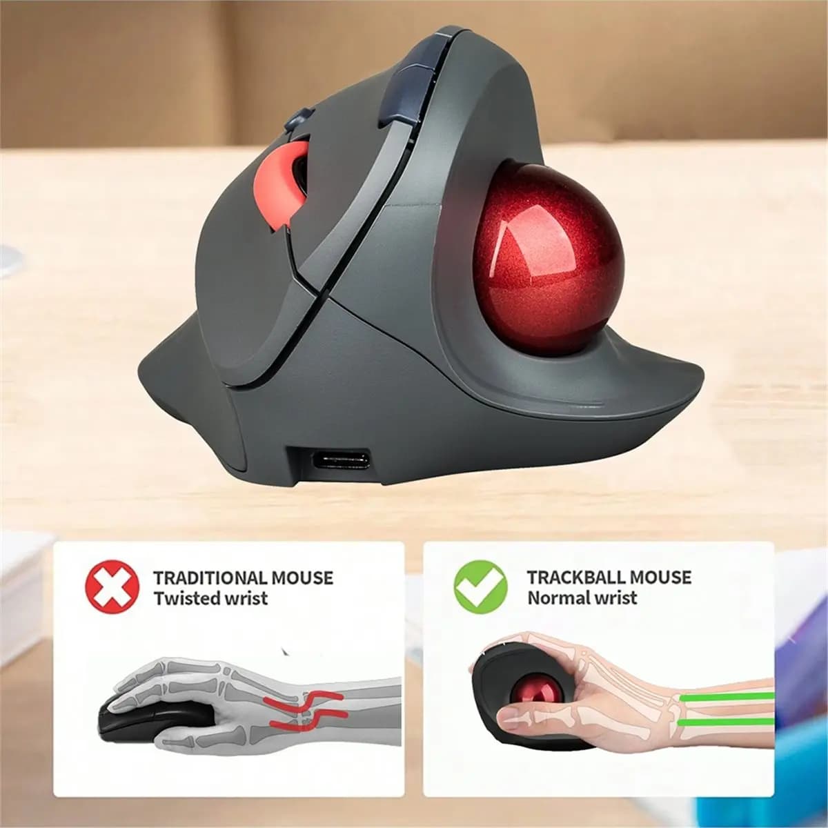 Mouse Trackball Wireless Verticale Ricaricabile, Mouse Ergonomico con Clic Silenzioso per Gaming