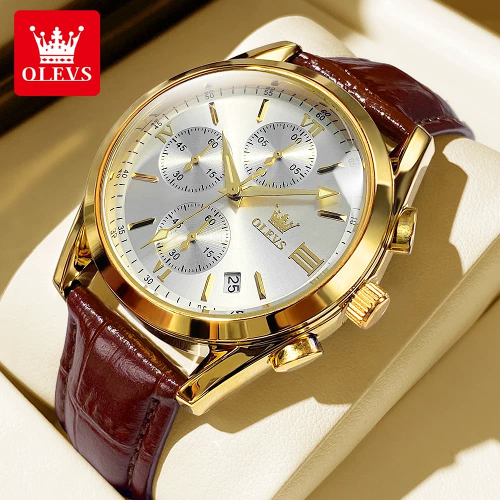 OLEVS 2872 Cronografo da polso da uomo Cinturino in pelle Impermeabile luminoso Orologio al quarzo originale per uomo Orologio sportivo da uomo di lusso