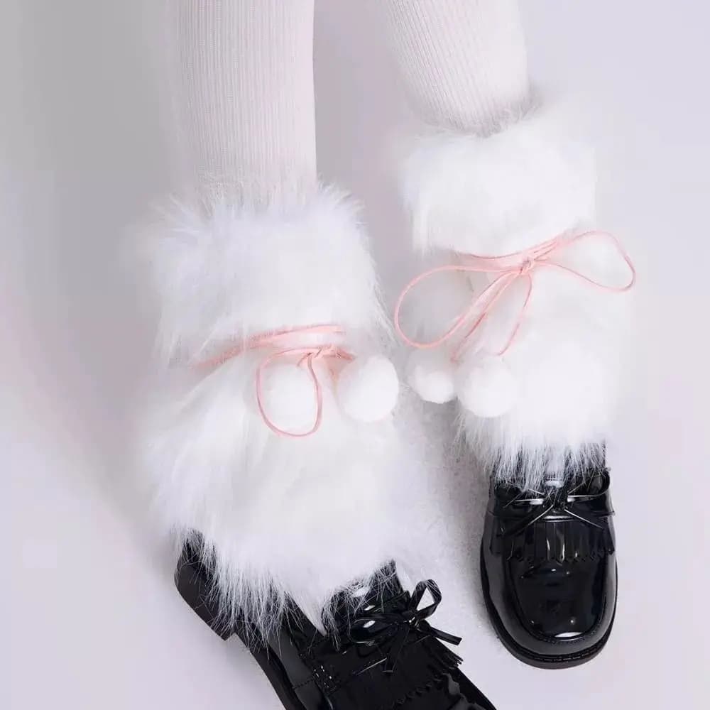 Fashion Faux Fur Furry Leg Warmers Y2K Lace Up Balls Long Tube Socks Sweet Cool Lady Boot Cover Socks