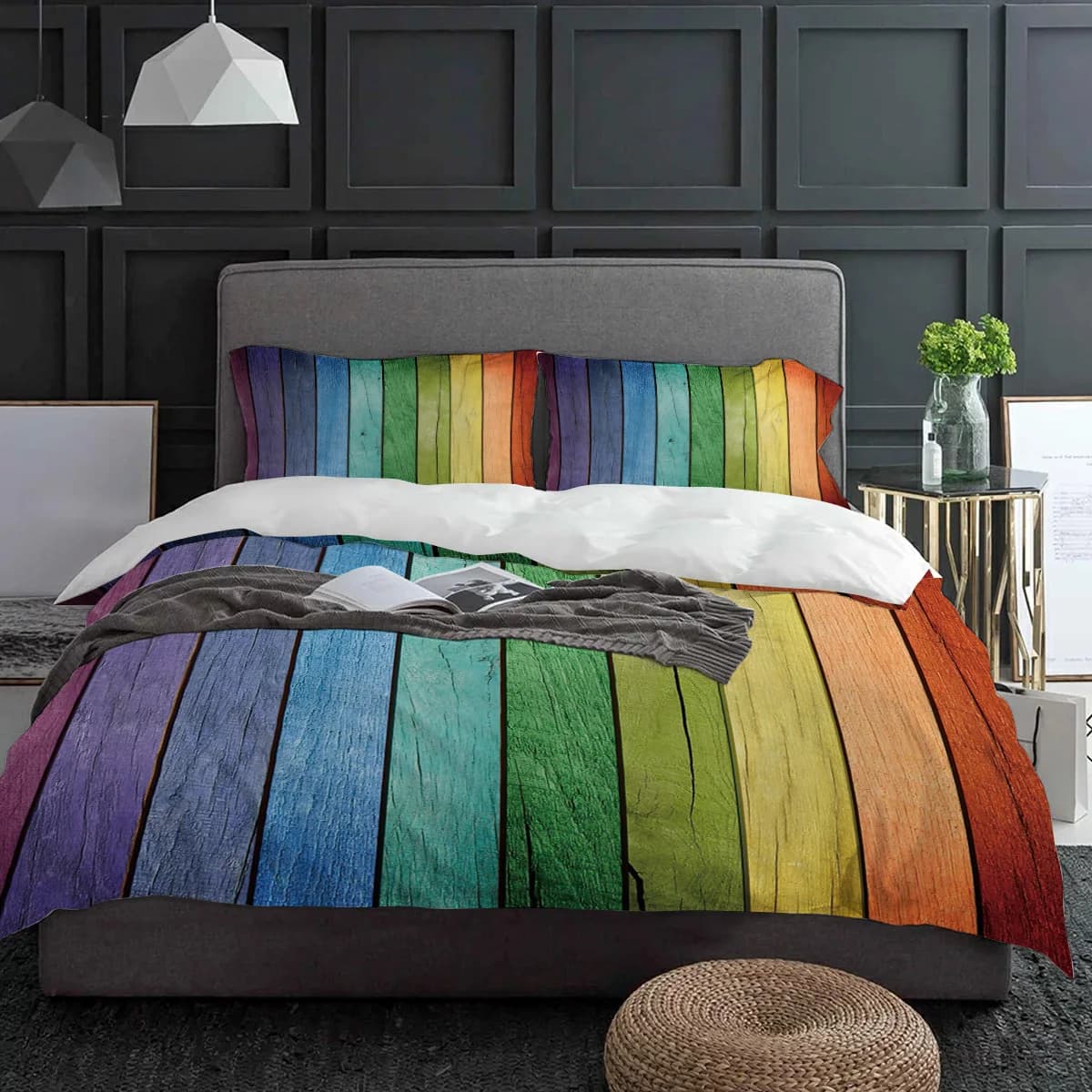 Colorful rainbow wooden boards with pillowcases Custom brushes Bed linen set 3 pieces Double bed House towels