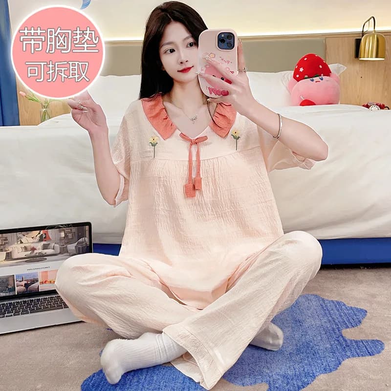 New Girl Summer Loungewear Short Sleeve Long Pants Set Woman Ladies Pajamas Chest Padding Plus-Size Sleepwear Soft HomeWear Teen