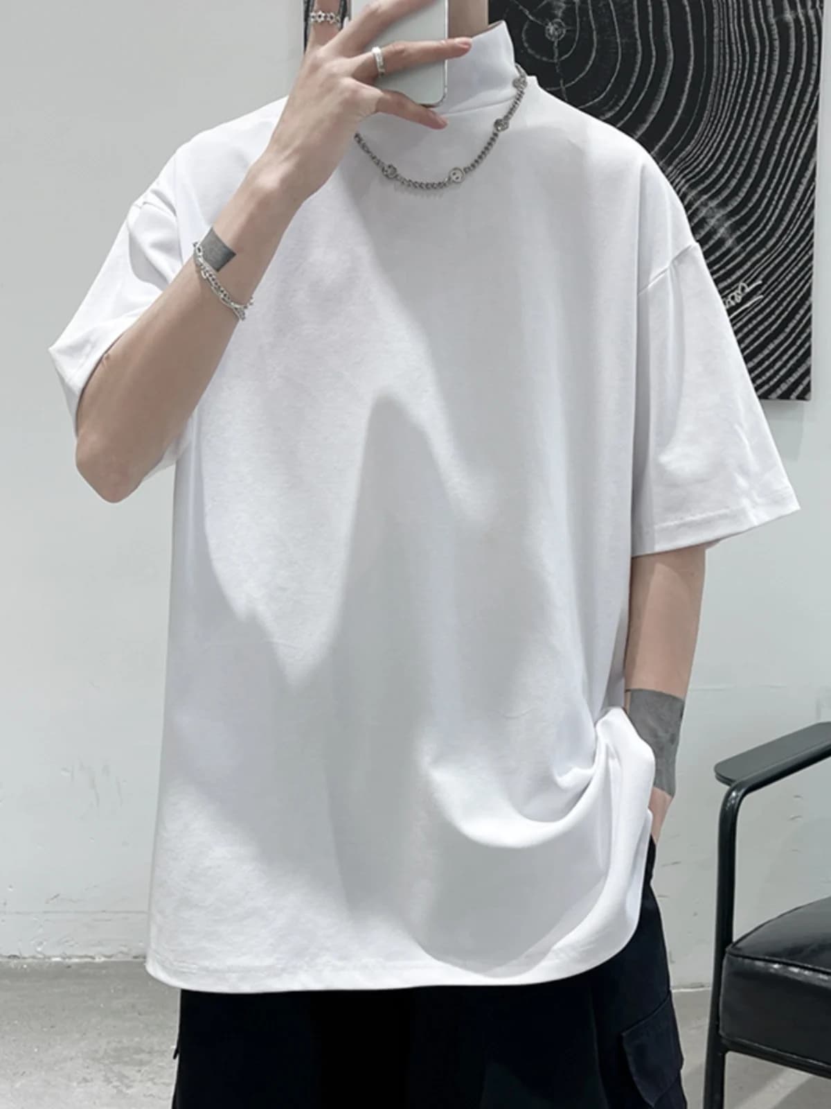 Loose Half-High Collar Short Sleeve T-Shirt Men's Summer Korean Style High Street Oversize Base Layer 7 Sleeve Youth Fashion
