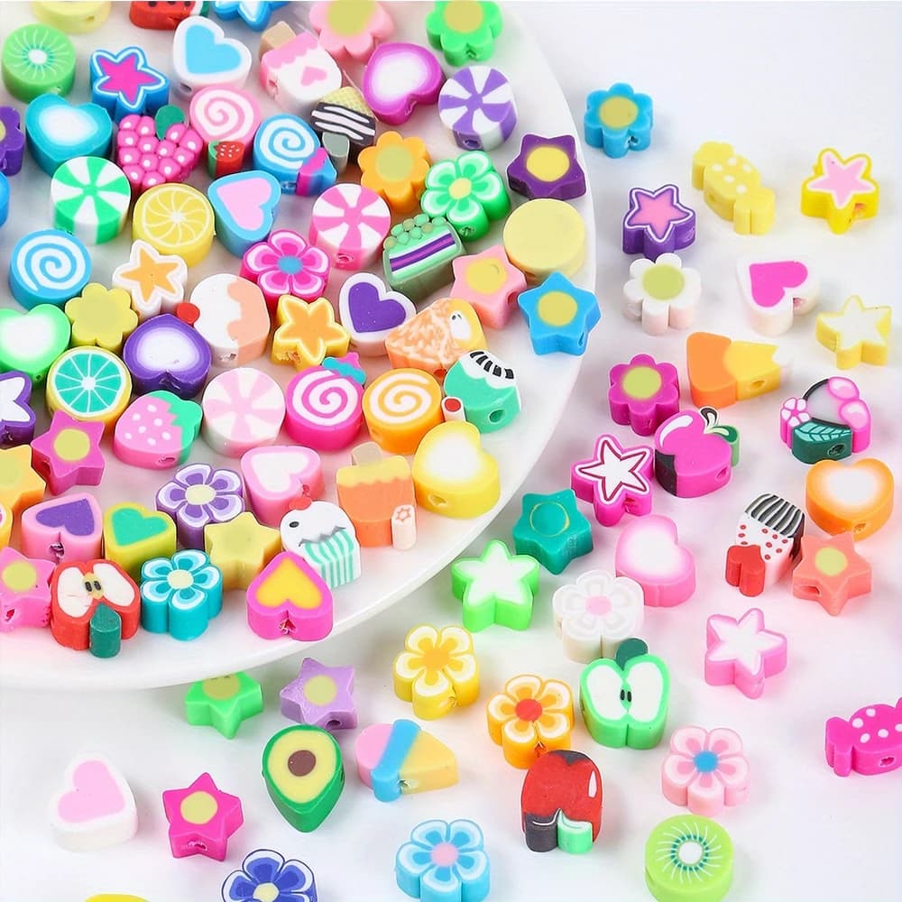 1 confezione da 100 pezzi di argilla polimerica casuale stelle, frutta, fiori, cuore e perline per le donne, bracciale fai da te, collana, creazione di gioielli