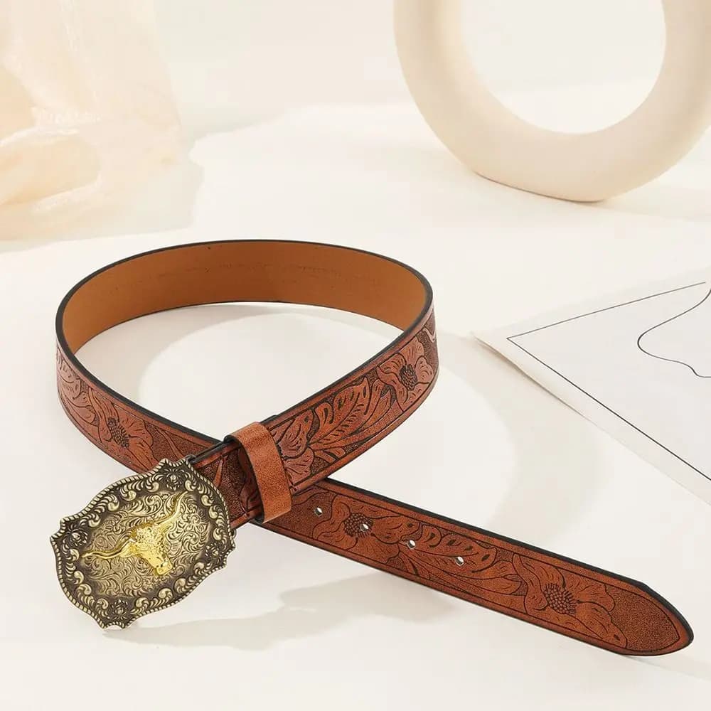 Cintura da uomo in pelle PU con fibbia larga, stile western cowboy, motivo toro, vintage