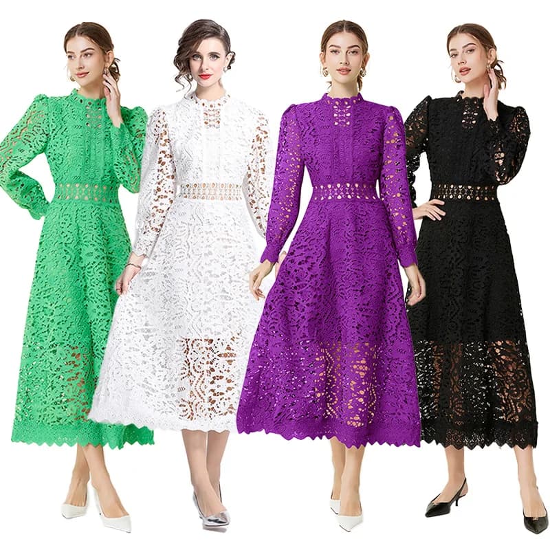 Elegant Heavy Embroidery Lace Dress Spring Summer New Style Full Skirt Long Dress Polyester Fiber Sweet Style mid Waist