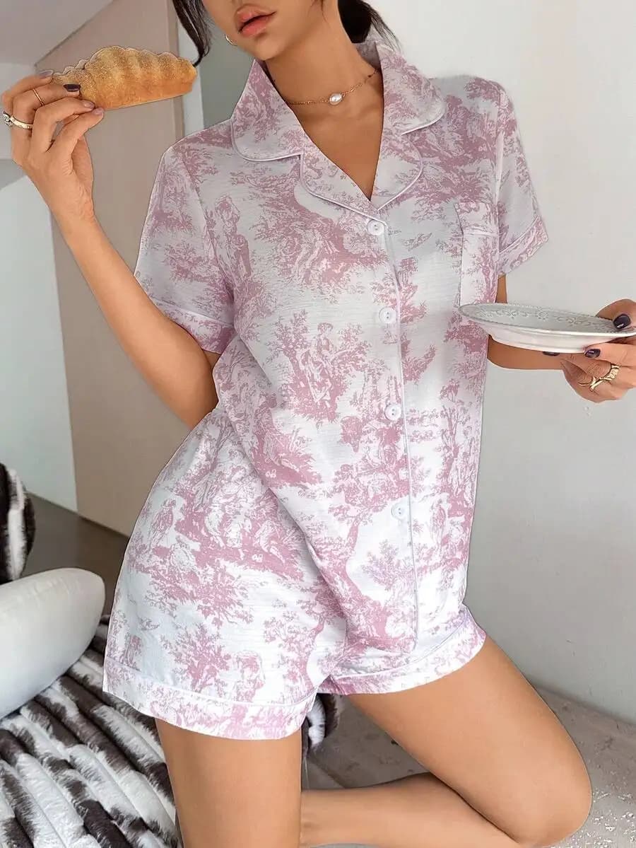 Pink Toile Print Lapel Short Sleeve Pajama Set Women Summer Lounge Wear
