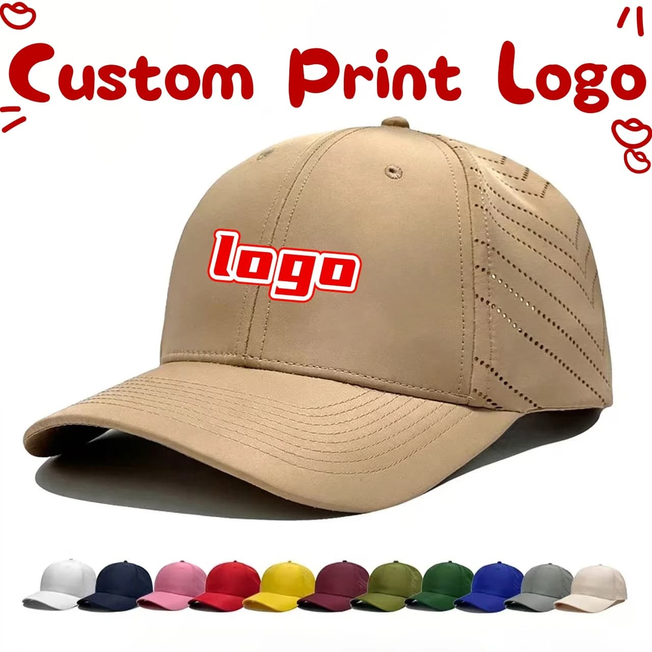 Custom baseball caps with printed logo, for men and women, for outdoors, perforated, breathable, with duck beak visor, waterproof and fast drying.